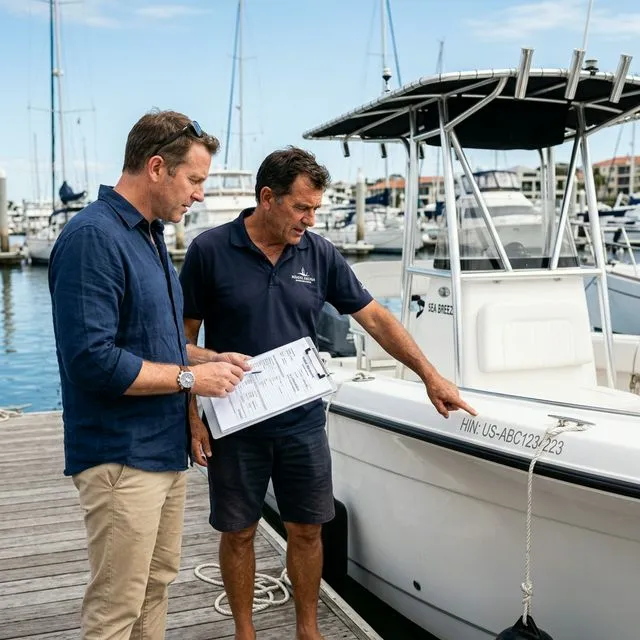Prospective boat buyer inspecting documents on a clipboard with a seller at a marina dock, while the seller points to the Hull Identification Number on the boat