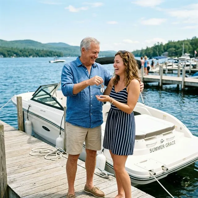 Father gifting a boat to his daughter on a dock