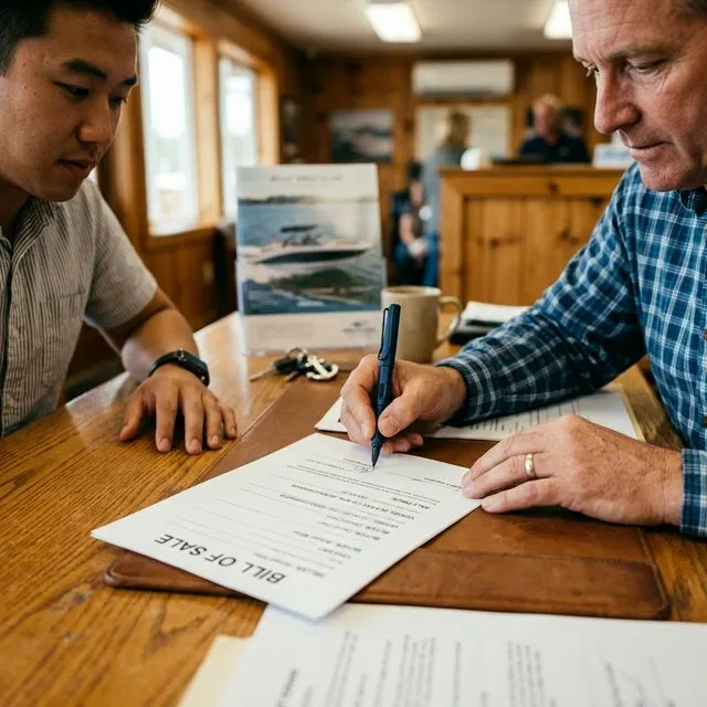 Buyer and seller sitting at a desk signing a bill of sale document for a used boat transaction