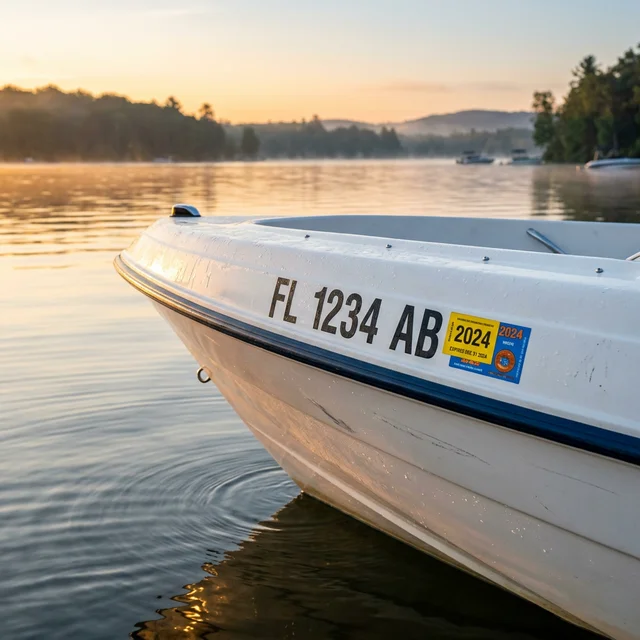 Boat bow showing registration number and validation stickers