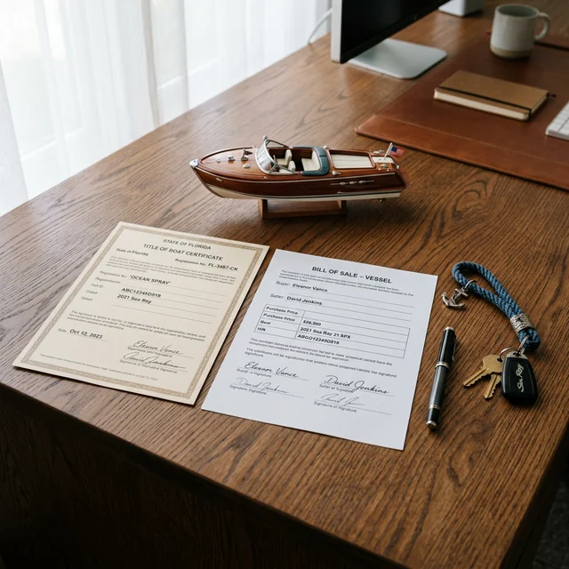 Boat title certificate and bill of sale documents on desk