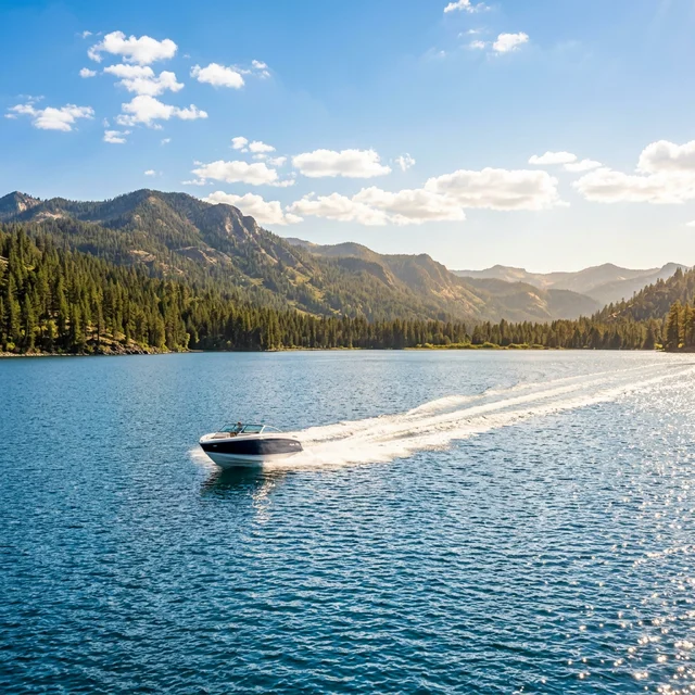 Speedboat cruising on scenic American lake