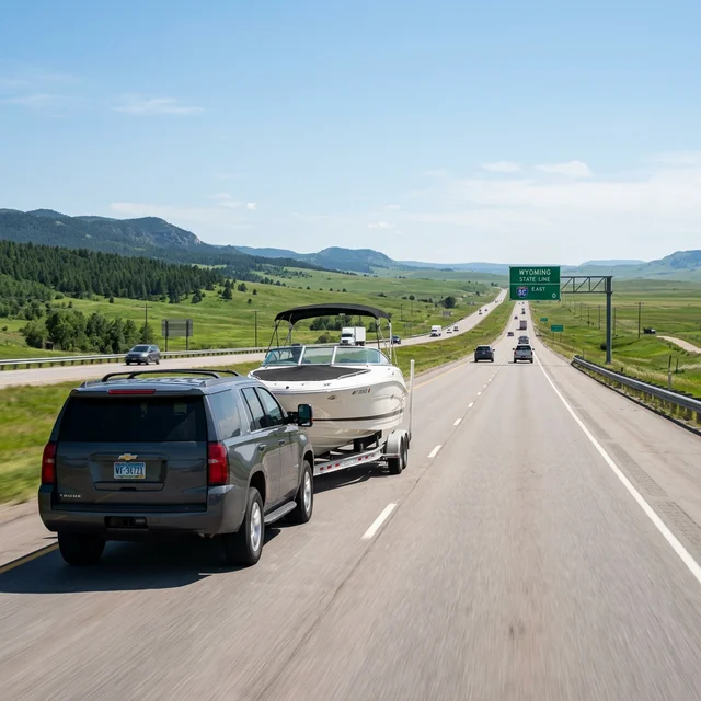 Boat on trailer being towed across state lines on highway